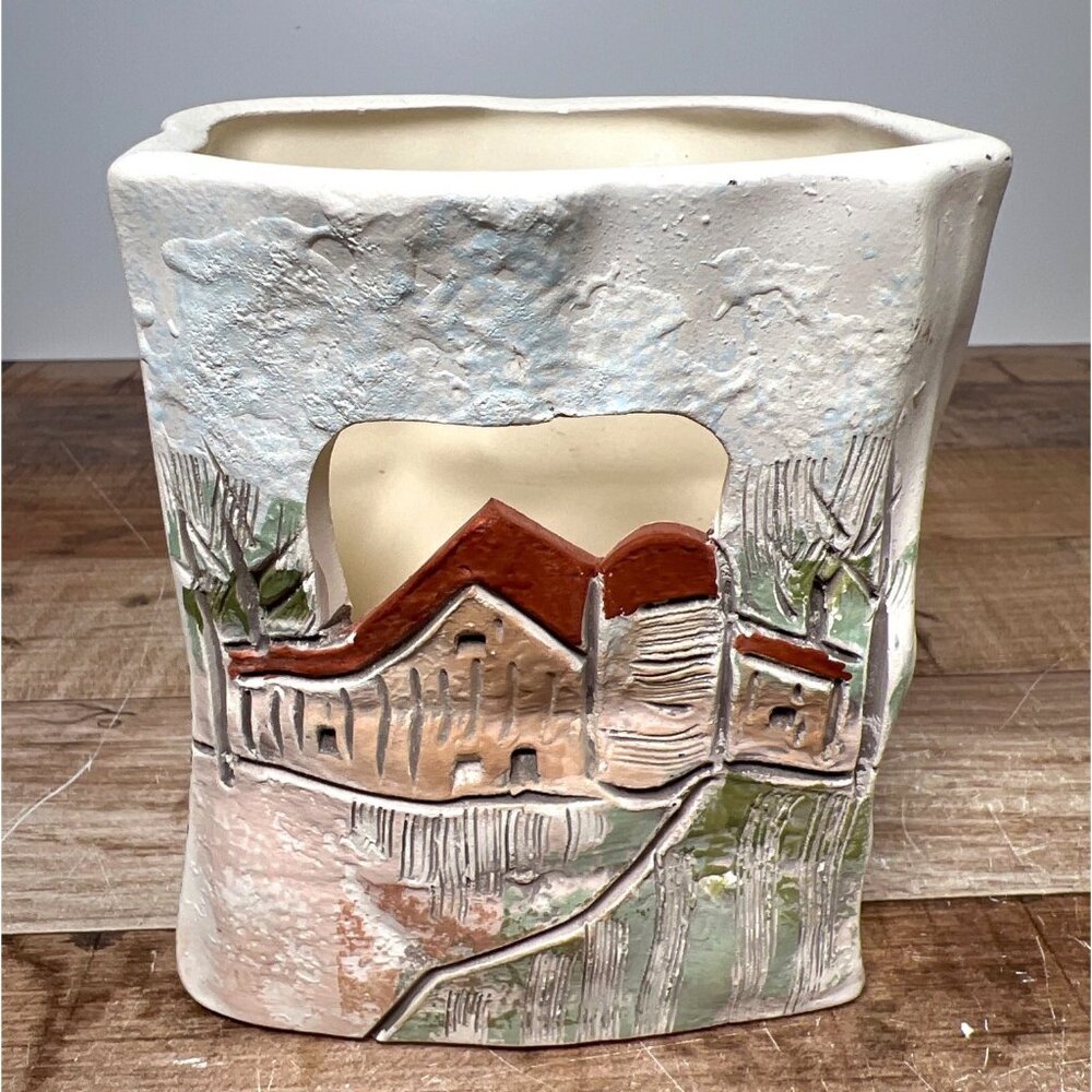 Rare Rustic Style 3.5" Hand Made Clay Paper bag Votive Tea Light Holder